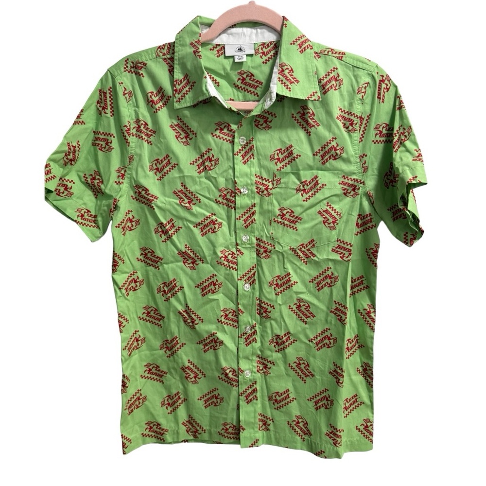 Disney Pizza Planet Button Up, size XS,‎ Green/Red